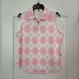 Soneven Pink and White Argyle Sleeveless Top, Size Large